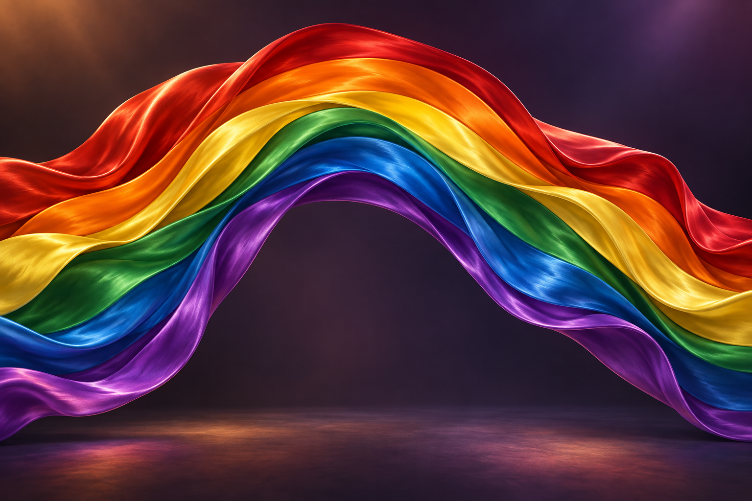 Flowing rainbow ribbons in Pride colours on a dark purple background